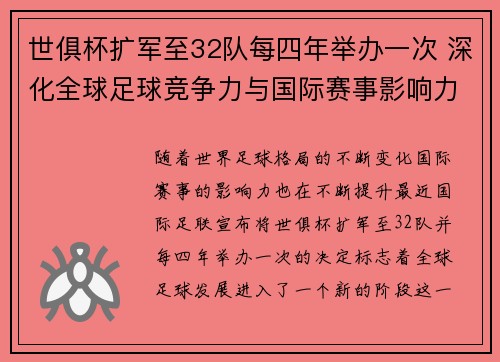 世俱杯扩军至32队每四年举办一次 深化全球足球竞争力与国际赛事影响力
